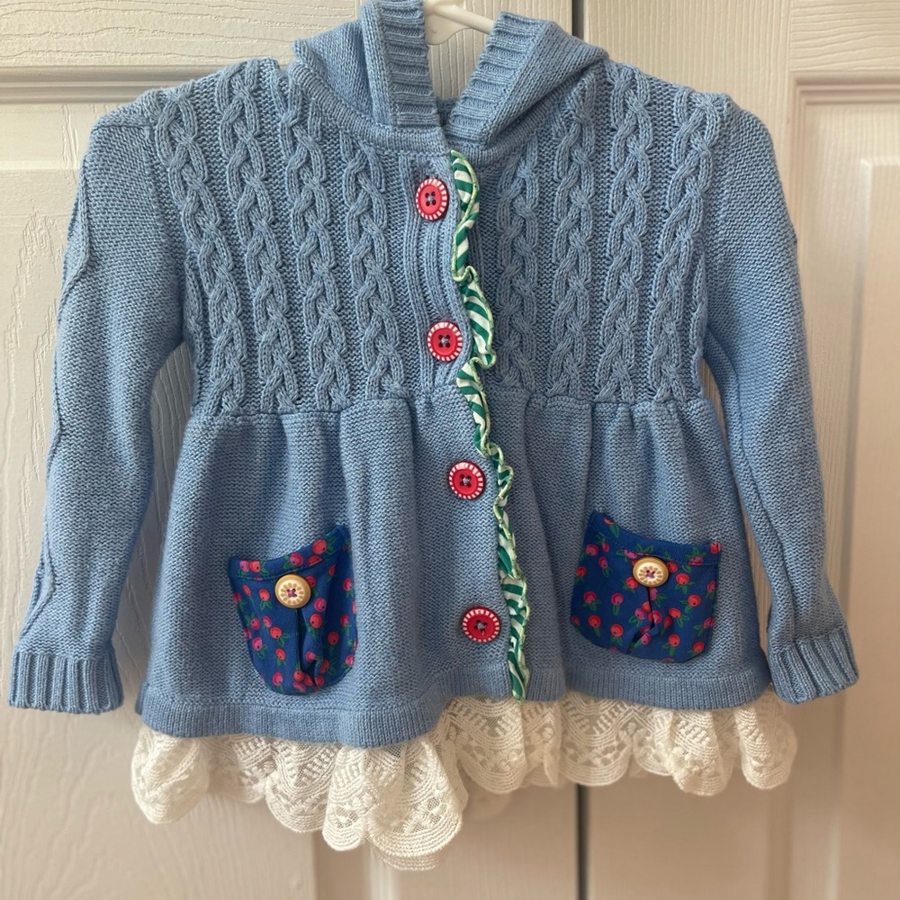 Matilda Jane Blue and White Sweater with Cable Knit and Hood